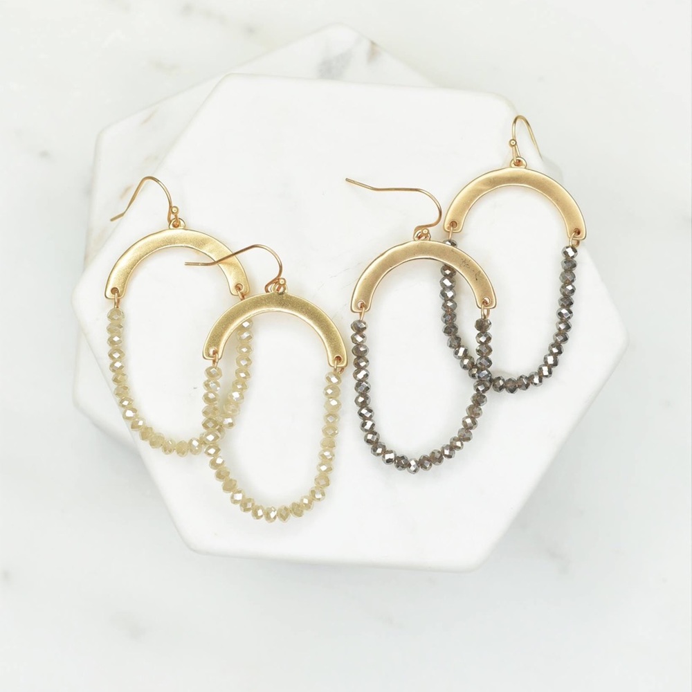 Kelly Oval Gold Metal + Gray Beaded Earrings